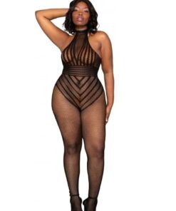 striped illusion bodystocking plus size lencería sexy rayas mesh